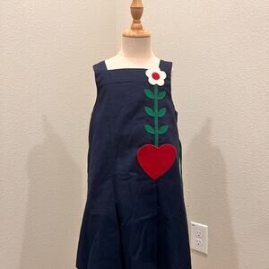 Florence Eiseman Navy Jumper Dress with a Heart and Flower Appliqué 5Y